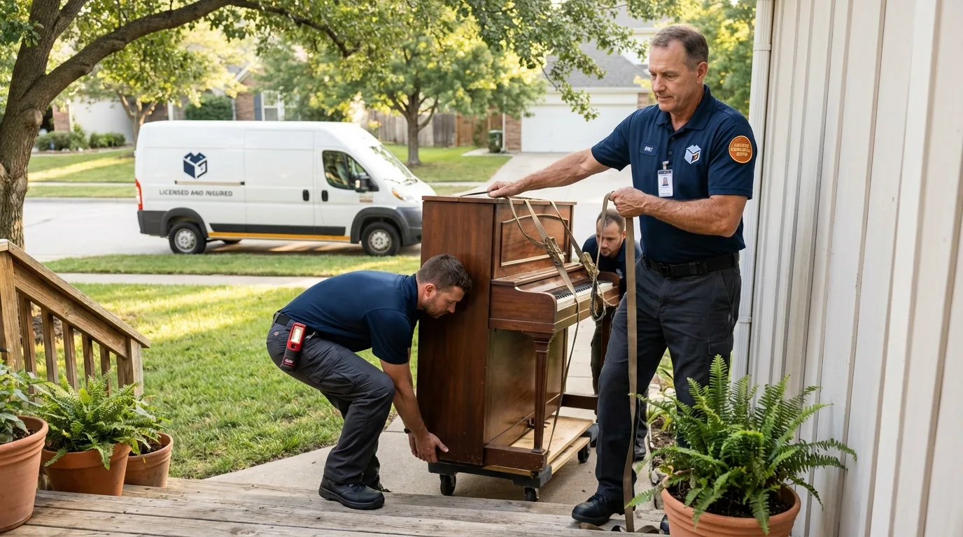Licensed piano movers securing grand piano in La Salle, IL