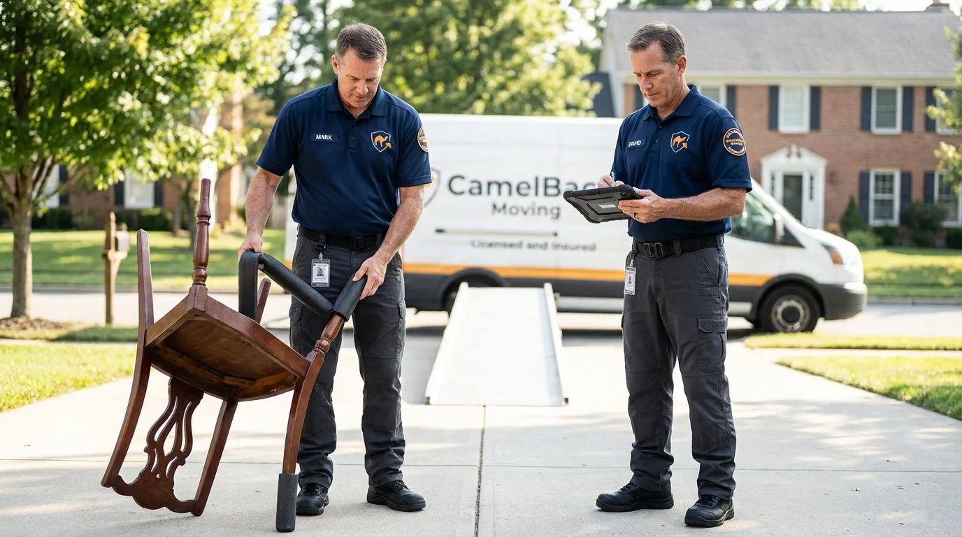 Movers inspecting furniture for damage prevention before loading in La Salle, IL