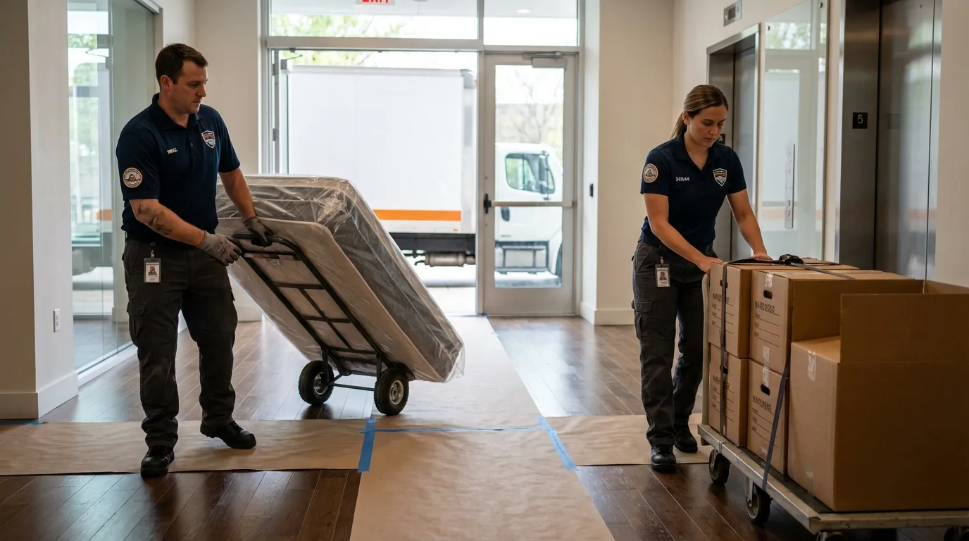 Professional apartment movers loading elevator in La Salle, IL